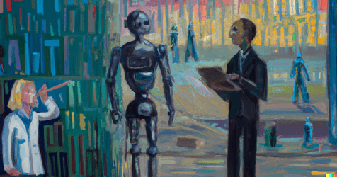 Man interviewing robot for job