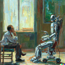 Researcher interviewing robot for a job